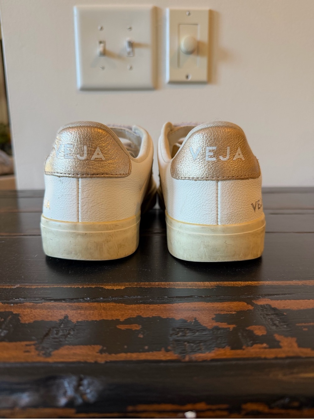 Veja White Leather Sneakers with Gold Accents - Picture 6 of 7